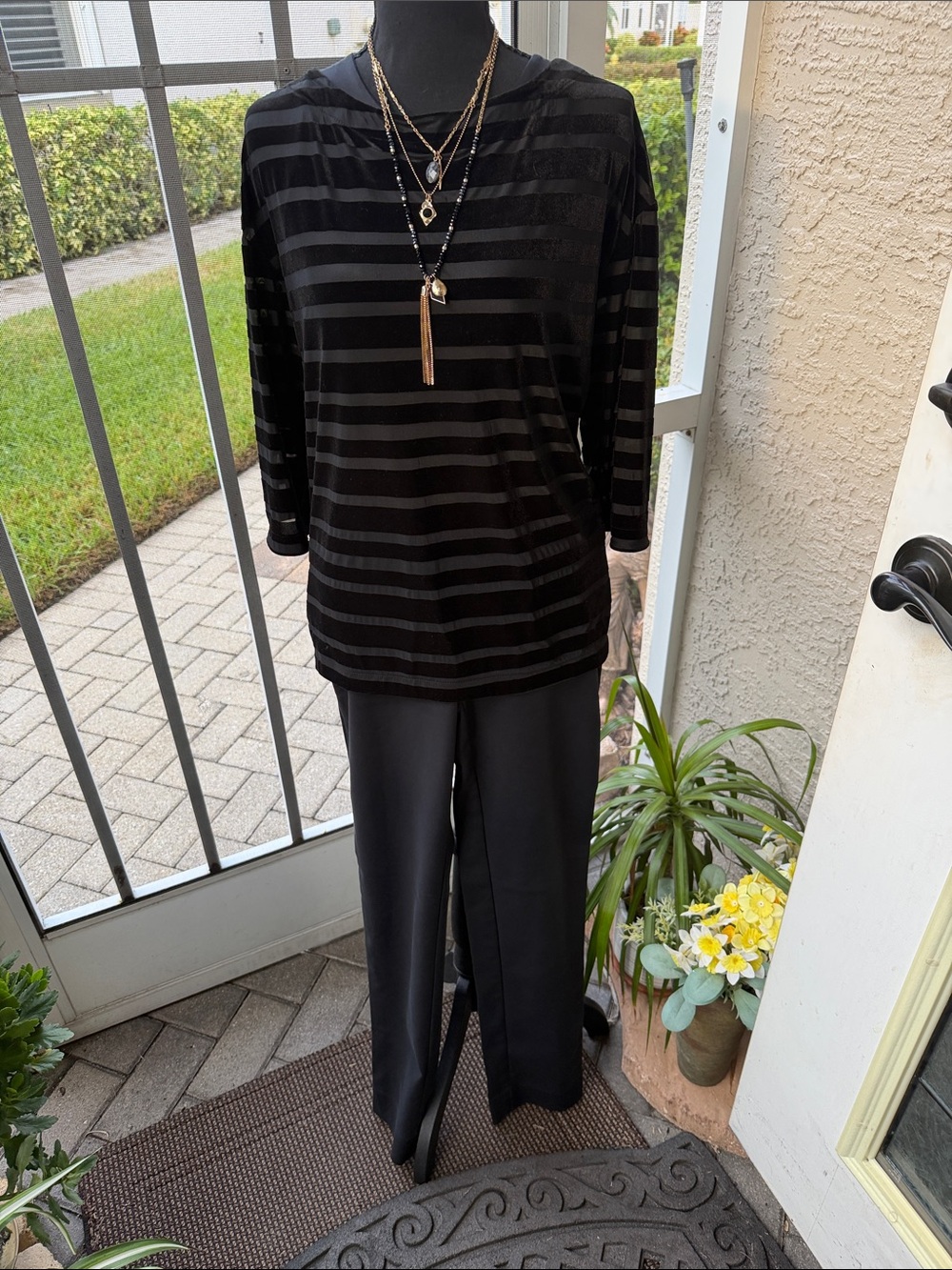 Black Striped Velvet Boat Neck Top